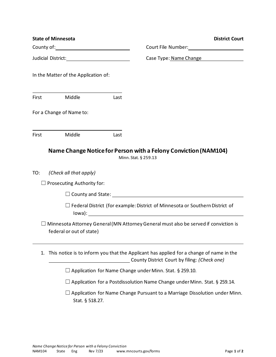 Form NAM104 Name Change Notice for Person With a Felony Conviction - Minnesota, Page 1