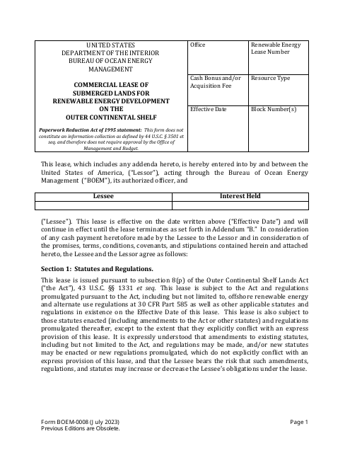 Form BOEM-0008 Commercial Lease of Submerged Lands for Renewable Energy Development on the Outer Continental Shelf