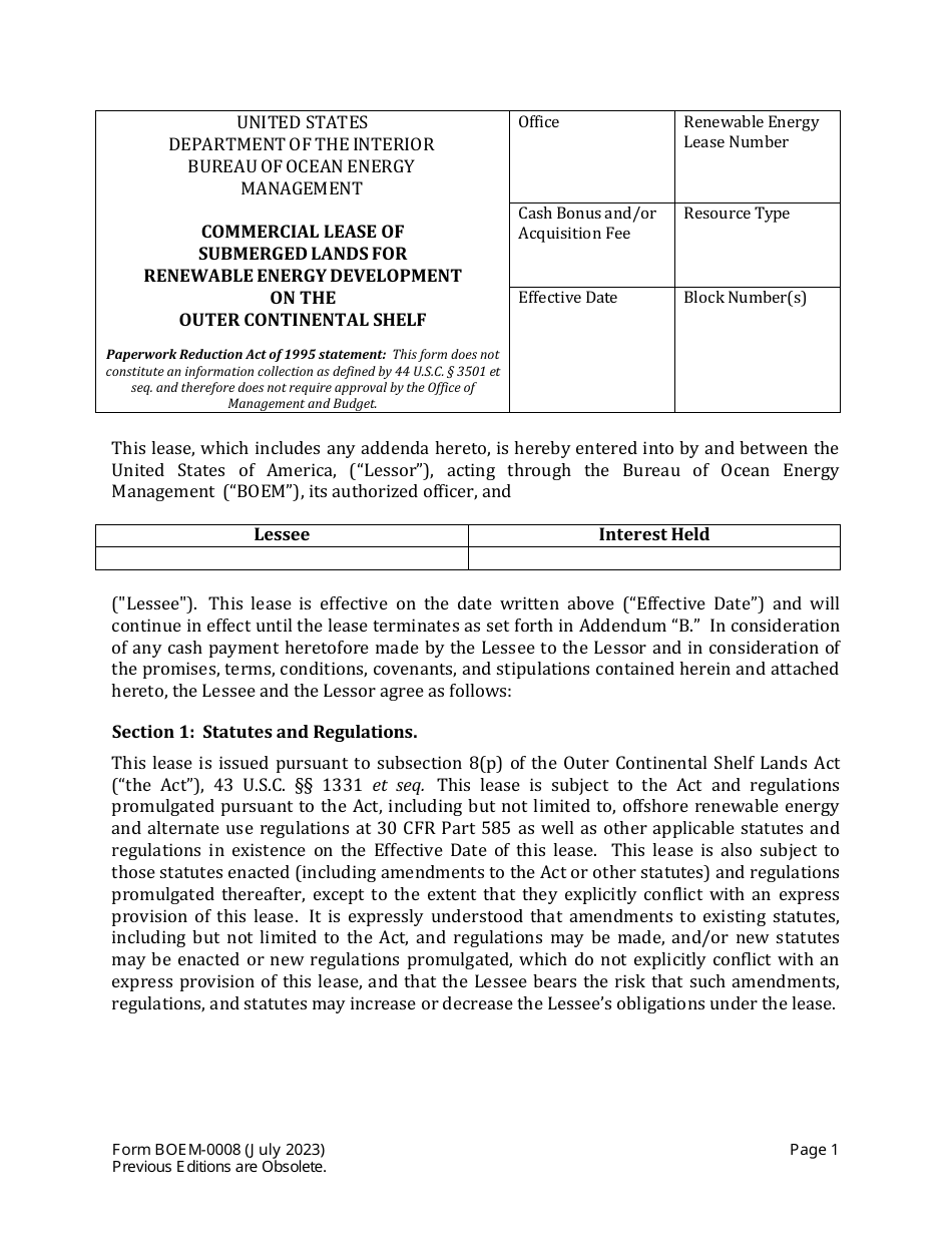 Form BOEM-0008 Commercial Lease of Submerged Lands for Renewable Energy Development on the Outer Continental Shelf, Page 1