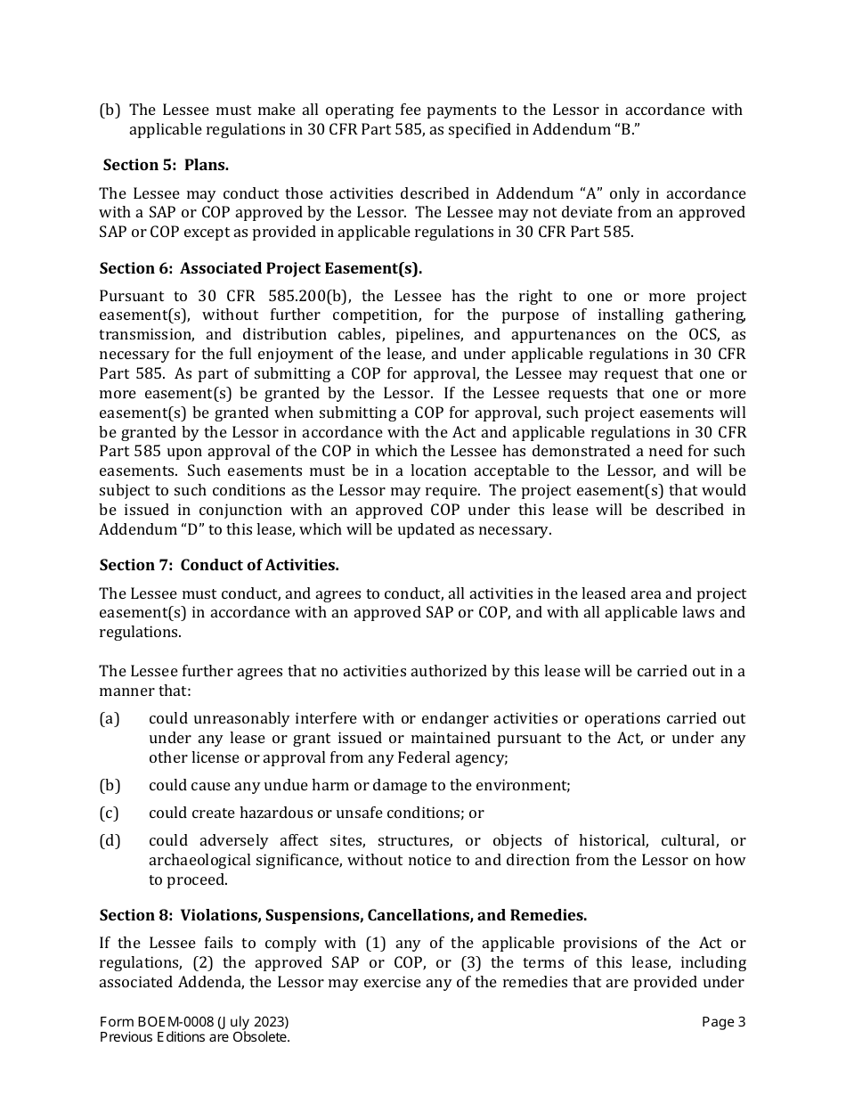 Form BOEM-0008 Commercial Lease of Submerged Lands for Renewable Energy Development on the Outer Continental Shelf, Page 3