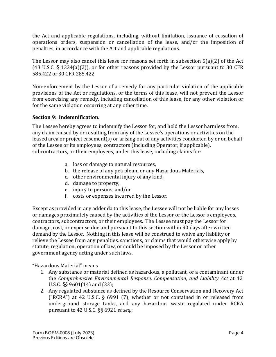 Form BOEM-0008 Commercial Lease of Submerged Lands for Renewable Energy Development on the Outer Continental Shelf, Page 4