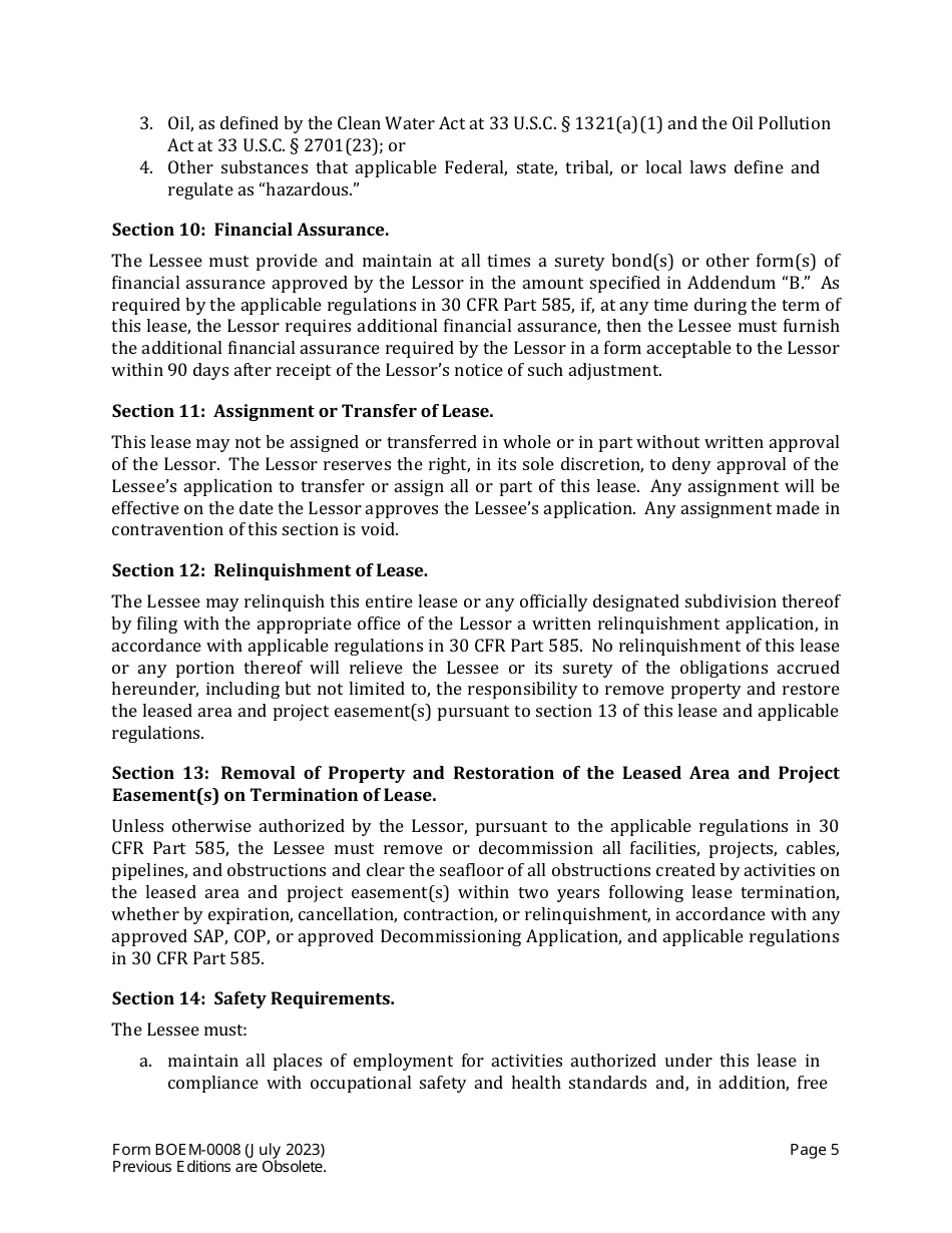 Form BOEM-0008 Commercial Lease of Submerged Lands for Renewable Energy Development on the Outer Continental Shelf, Page 5