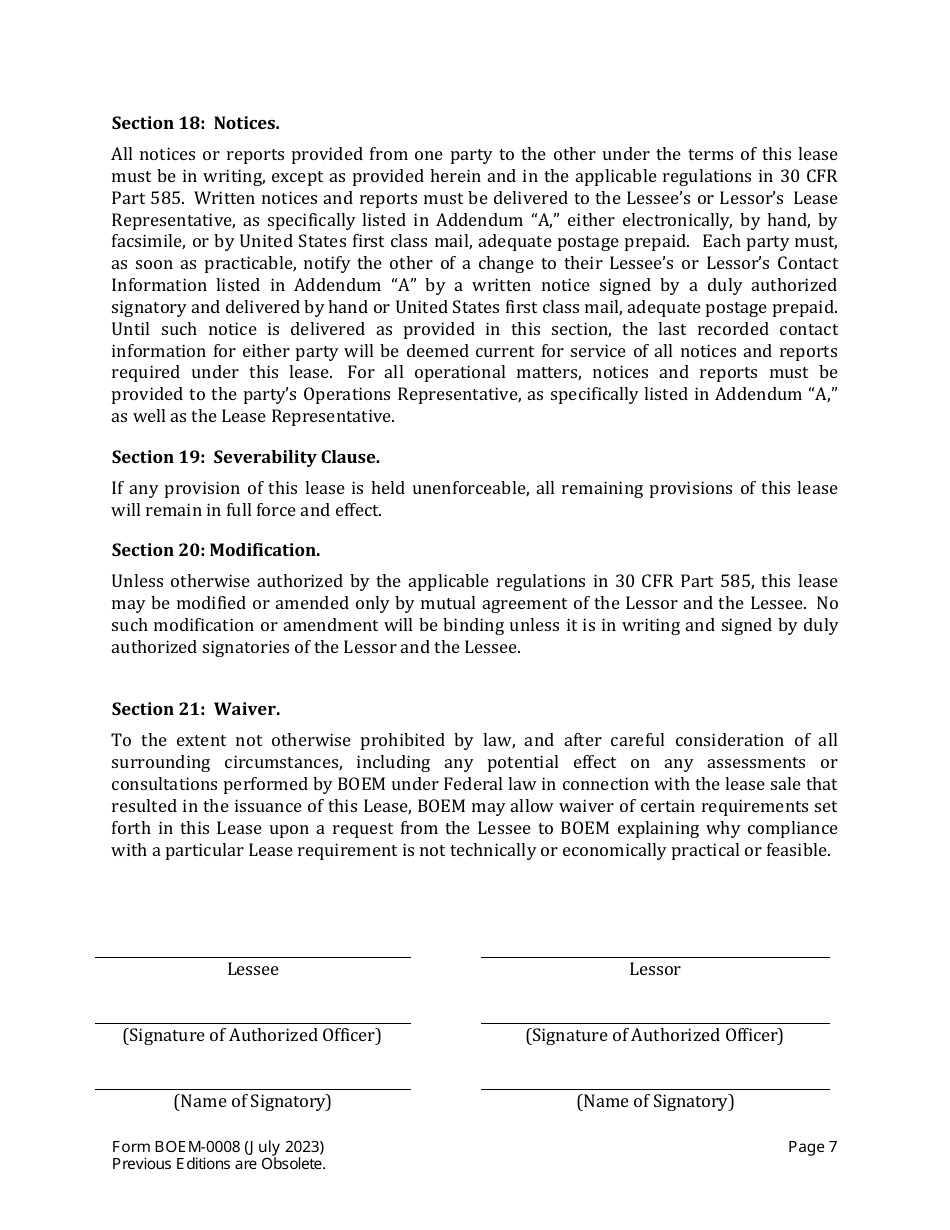 Form BOEM-0008 Commercial Lease of Submerged Lands for Renewable Energy Development on the Outer Continental Shelf, Page 7
