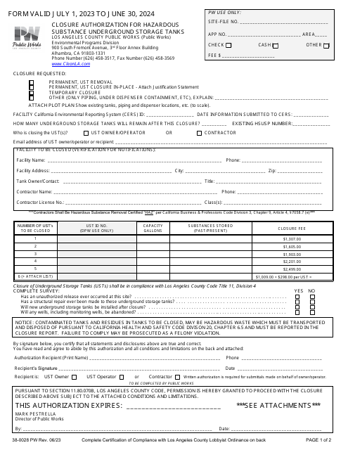 Form 38-0028 Closure Authorization for Hazardous Substance Underground Storage Tanks - County of Los Angeles, California, 2024