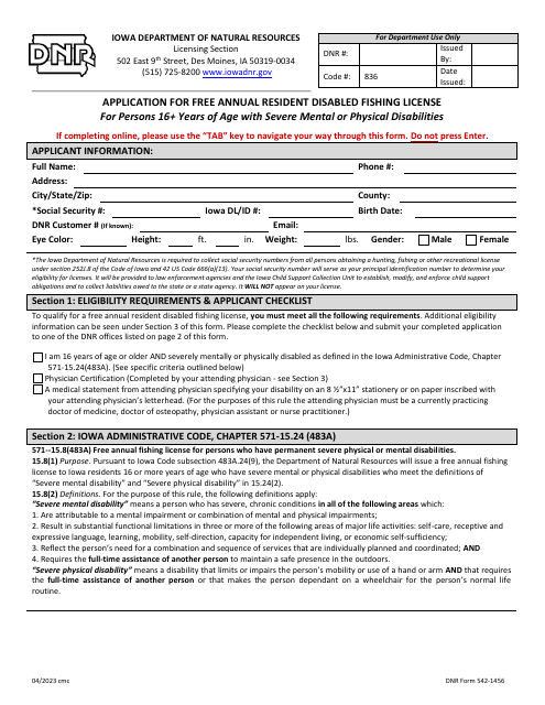 DNR Form 542-1456 Application for Free Annual Resident Disabled Fishing License for Persons 16+ Years of Age With Severe Mental or Physical Disabilities - Iowa