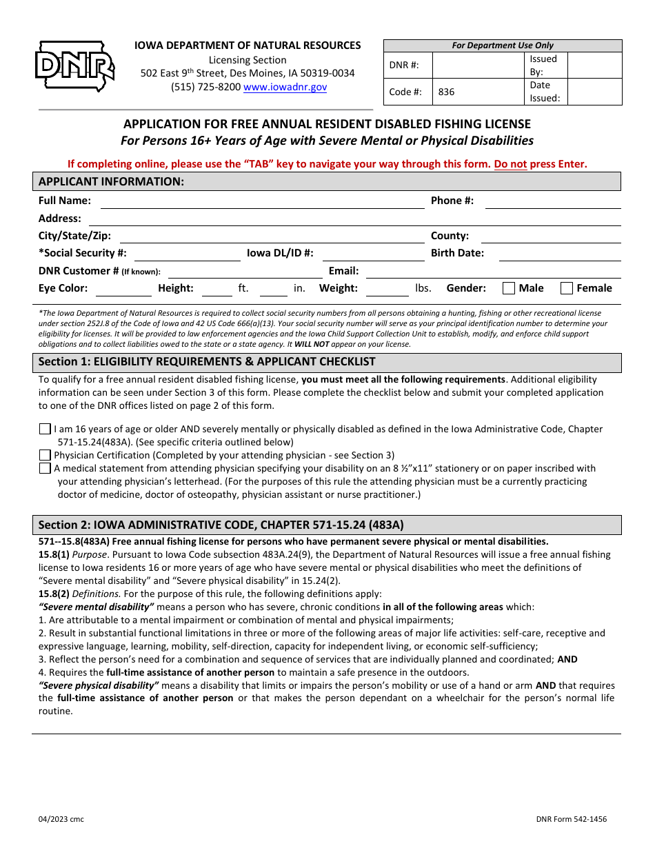 DNR Form 542-1456 Application for Free Annual Resident Disabled Fishing License for Persons 16+ Years of Age With Severe Mental or Physical Disabilities - Iowa, Page 1