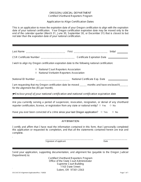 Application to Align Certification Dates - Certified Shorthand Reporters Program - Oregon Download Pdf