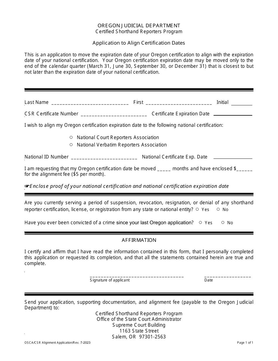 Application to Align Certification Dates - Certified Shorthand Reporters Program - Oregon, Page 1