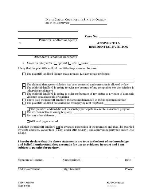 Answer to a Residential Eviction - Oregon Download Pdf