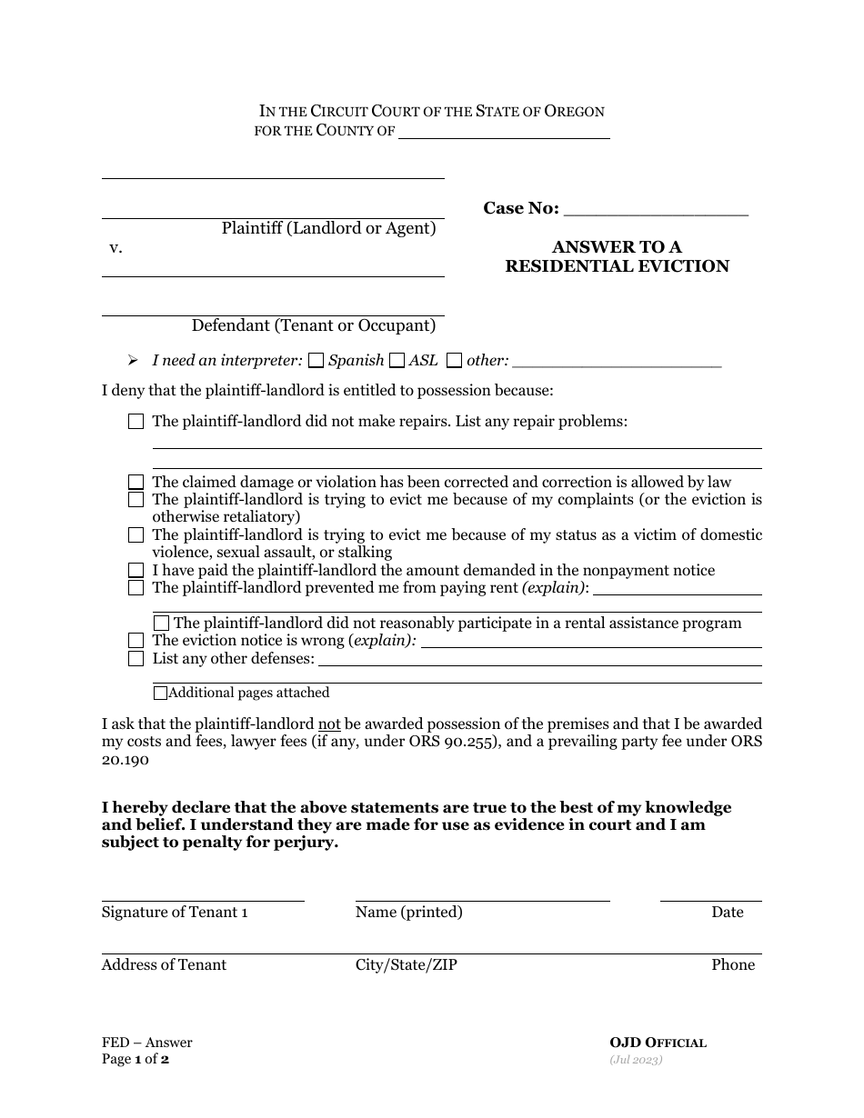 Oregon Answer To A Residential Eviction Download Printable PDF 2022