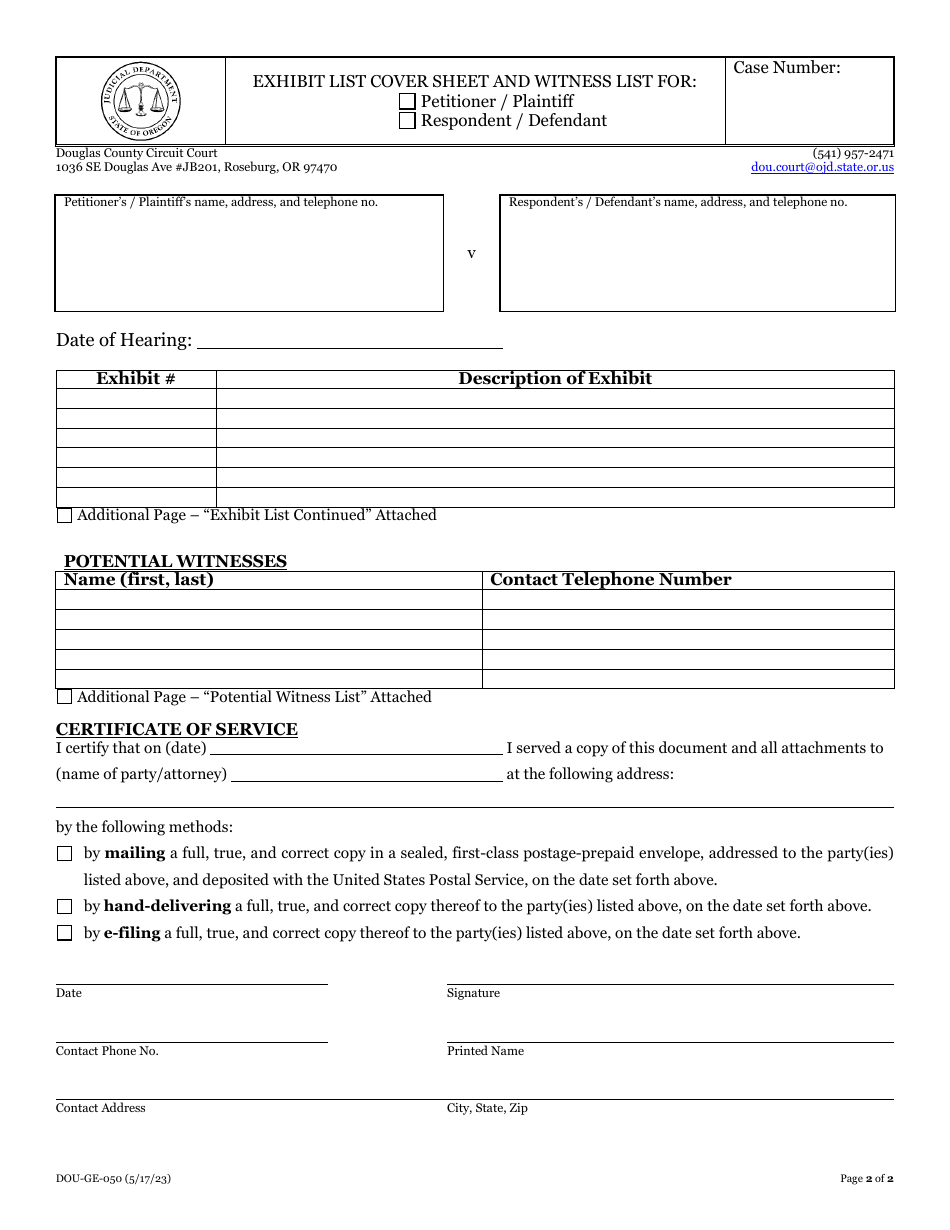 Form DOU-GE-050 Remote Child Support Court (Rcsc) Exhibit List Cover Sheet and Witness List - Douglas County, Oregon, Page 2