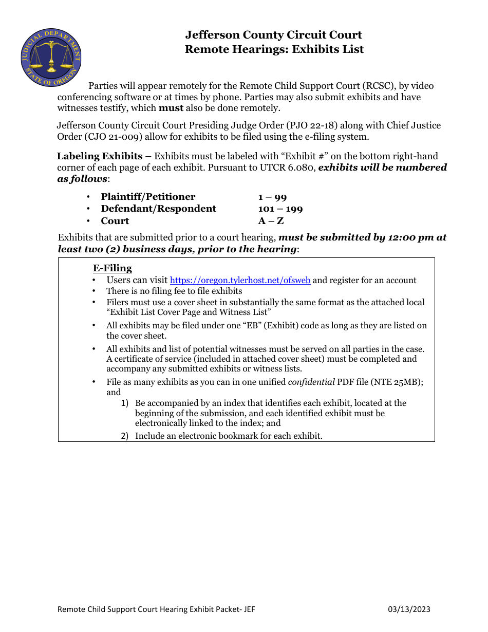 Remote Child Support Court Hearing Exhibit Packet - Jefferson County, Oregon, Page 1
