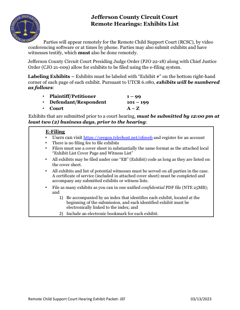 Remote Child Support Court Hearing Exhibit Packet - Jefferson County, Oregon Download Pdf