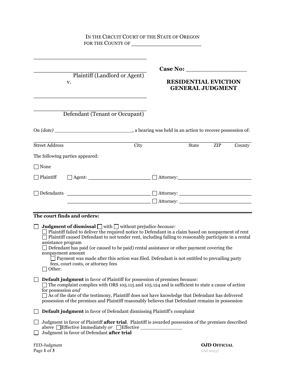 Residential Eviction General Judgment - Oregon, Page 1