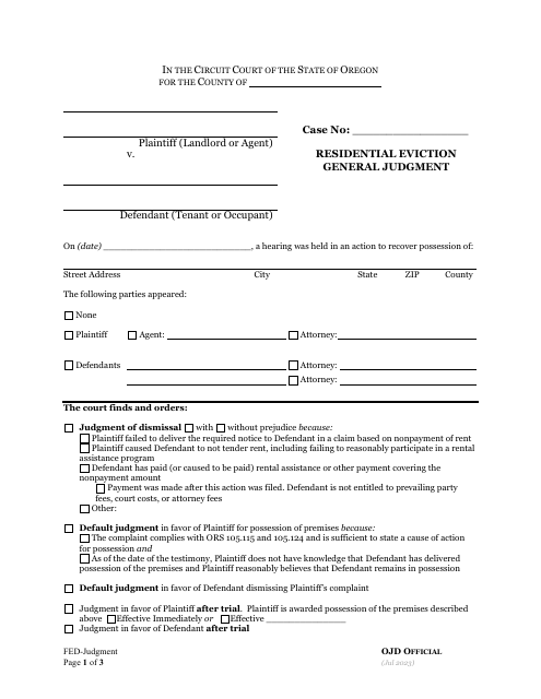 Residential Eviction General Judgment - Oregon Download Pdf