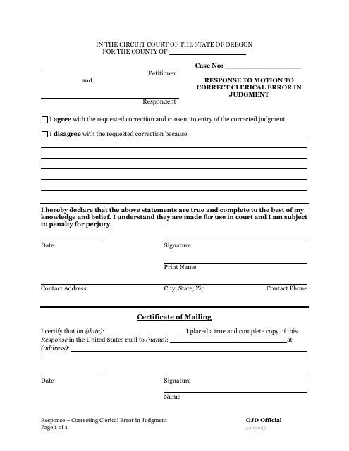 Response to Motion to Correct Clerical Error in Judgment - Oregon Download Pdf