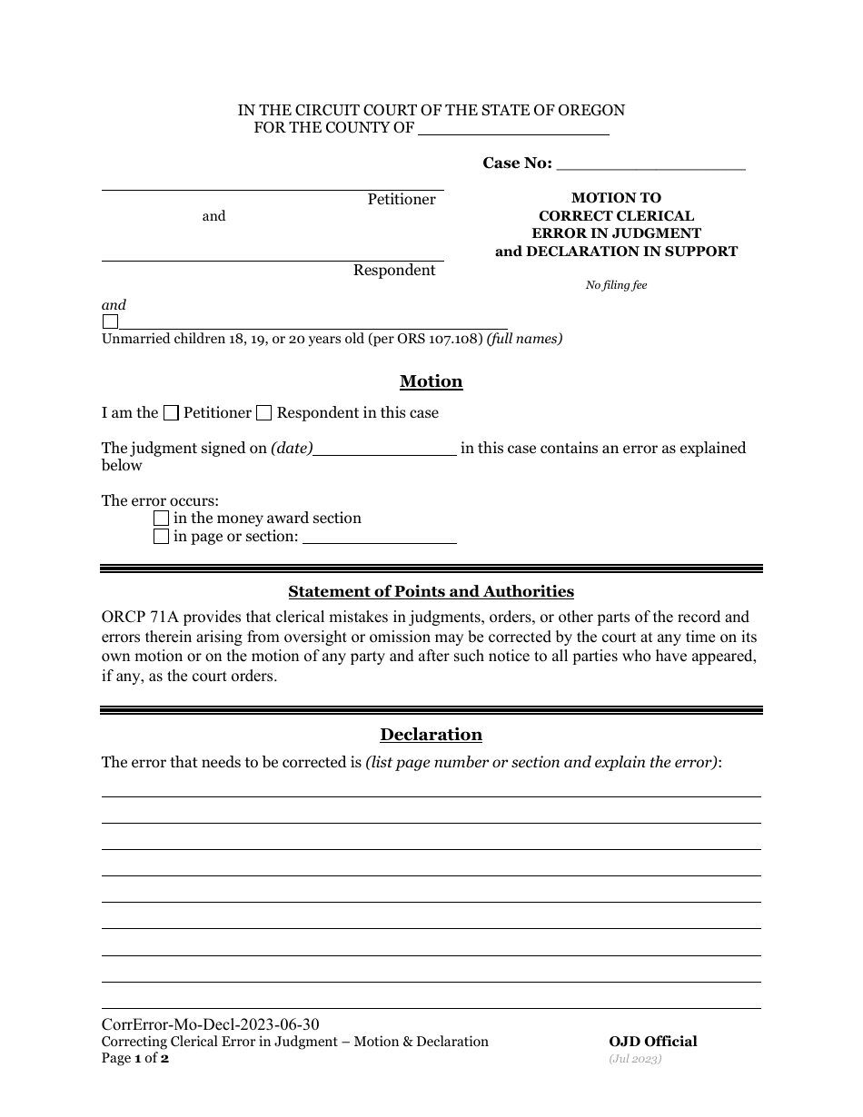 Motion to Correct Clerical Error in Judgment and Declaration in Support - Oregon, Page 3