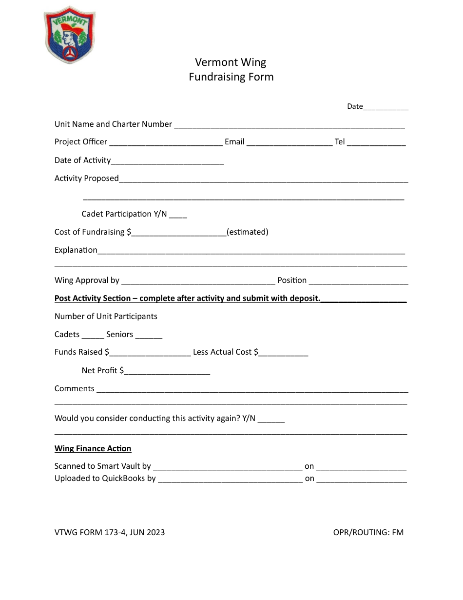 VTWG Form 173-4 Fundraising Form - Vermont, Page 1