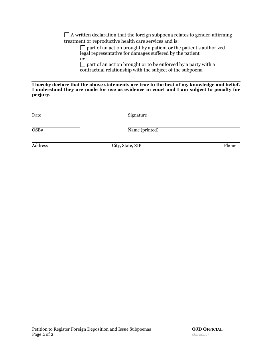 Petition to Register Foreign Deposition Instrument and / or Issue Subpoenas - Oregon, Page 2