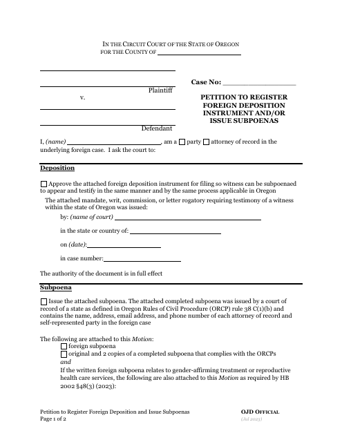 Petition to Register Foreign Deposition Instrument and / or Issue Subpoenas - Oregon Download Pdf