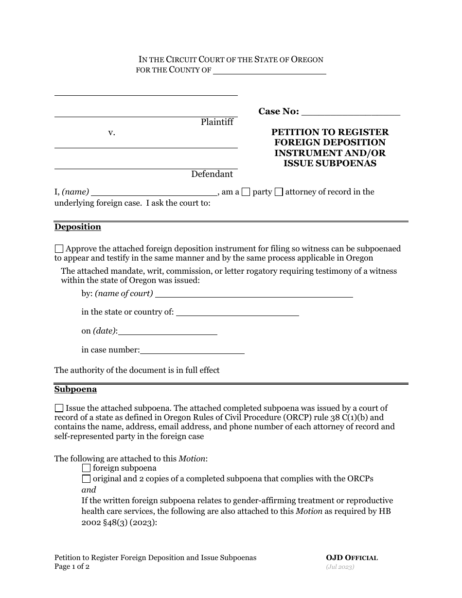 Oregon Petition to Register Foreign Deposition Instrument and/or Issue ...