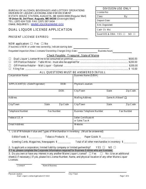 Dual Liquor License Application - Maine Download Pdf
