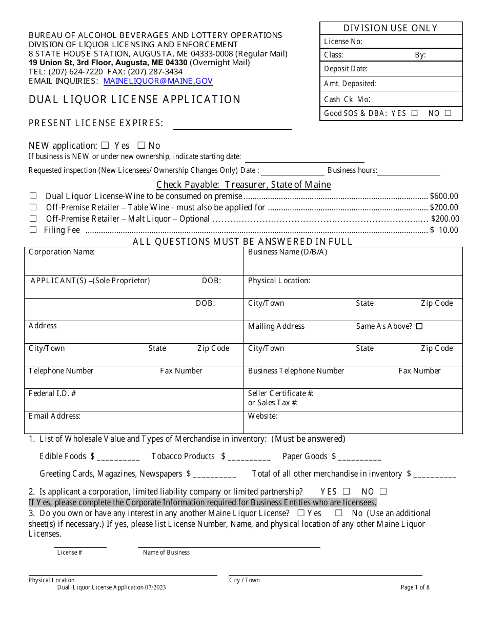 Dual Liquor License Application - Maine, Page 1