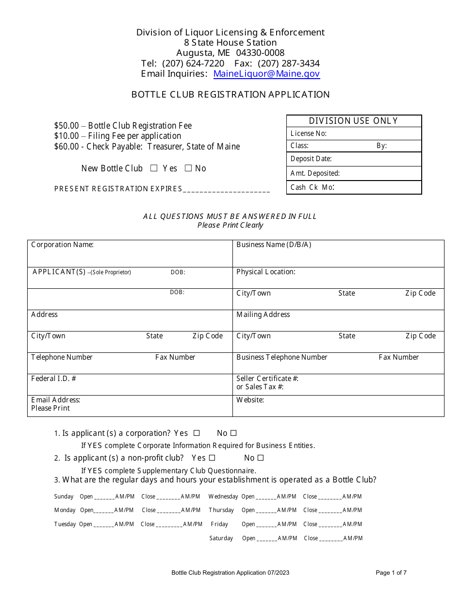 Bottle Club Registration Application - Maine, Page 1