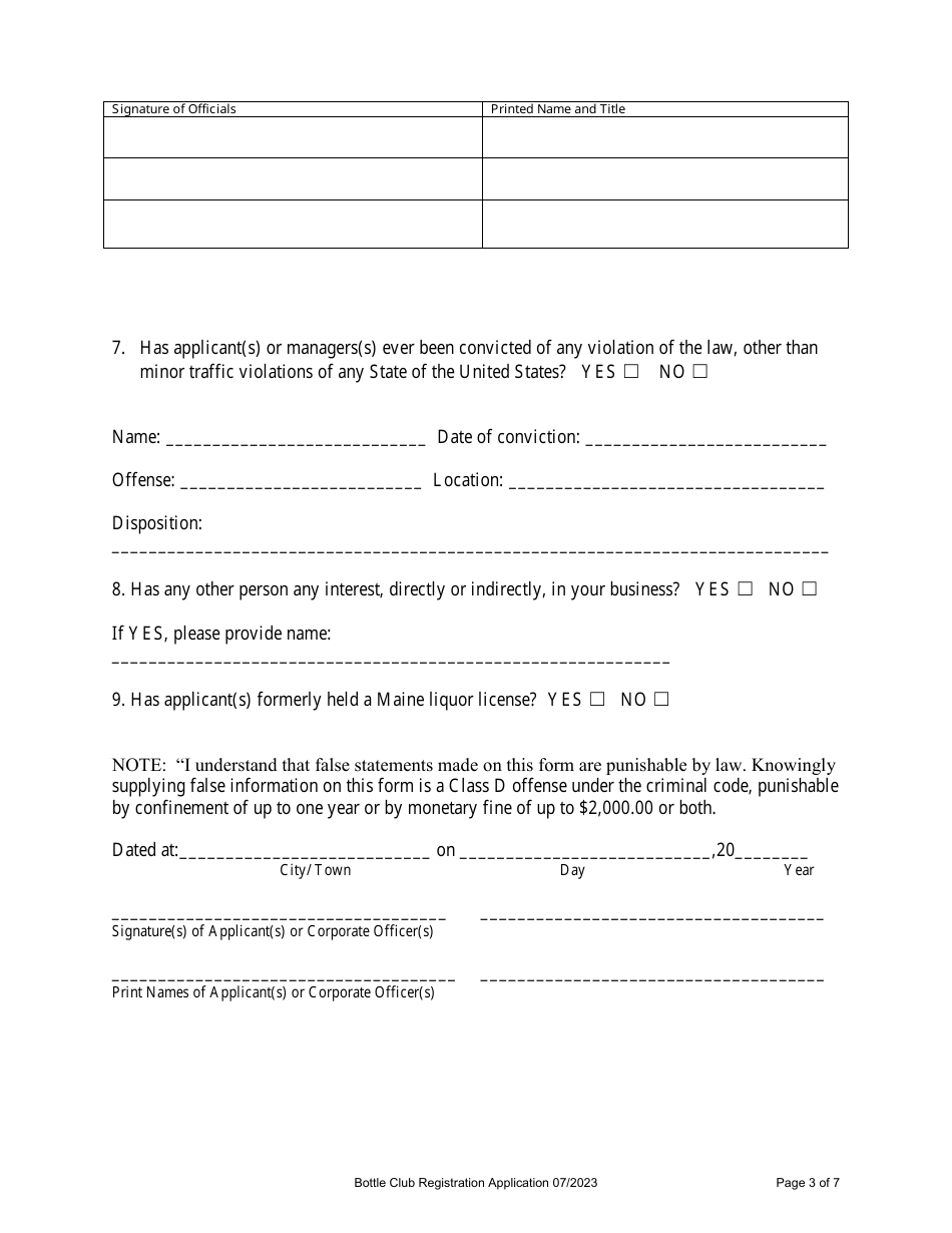 Bottle Club Registration Application - Maine, Page 3