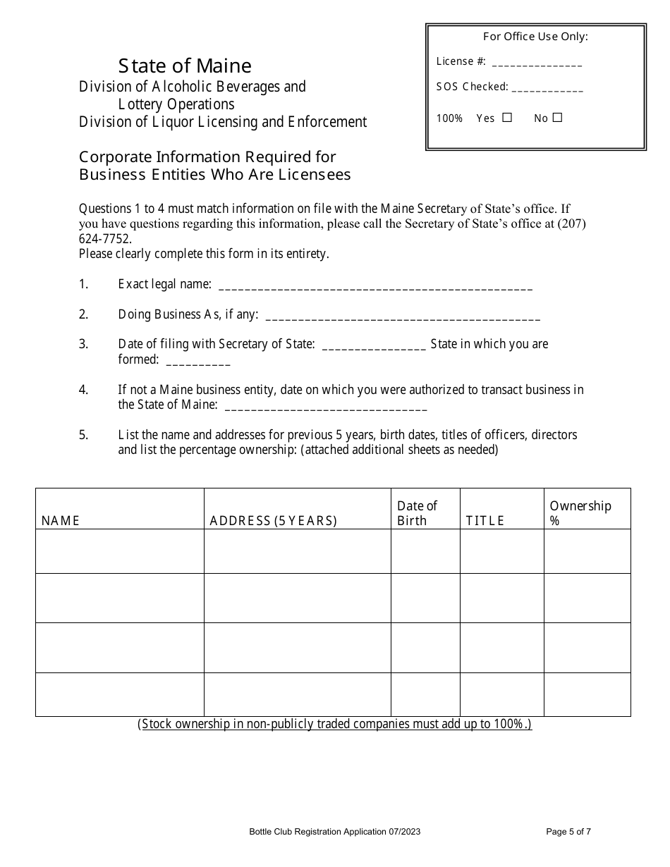 Bottle Club Registration Application - Maine, Page 5