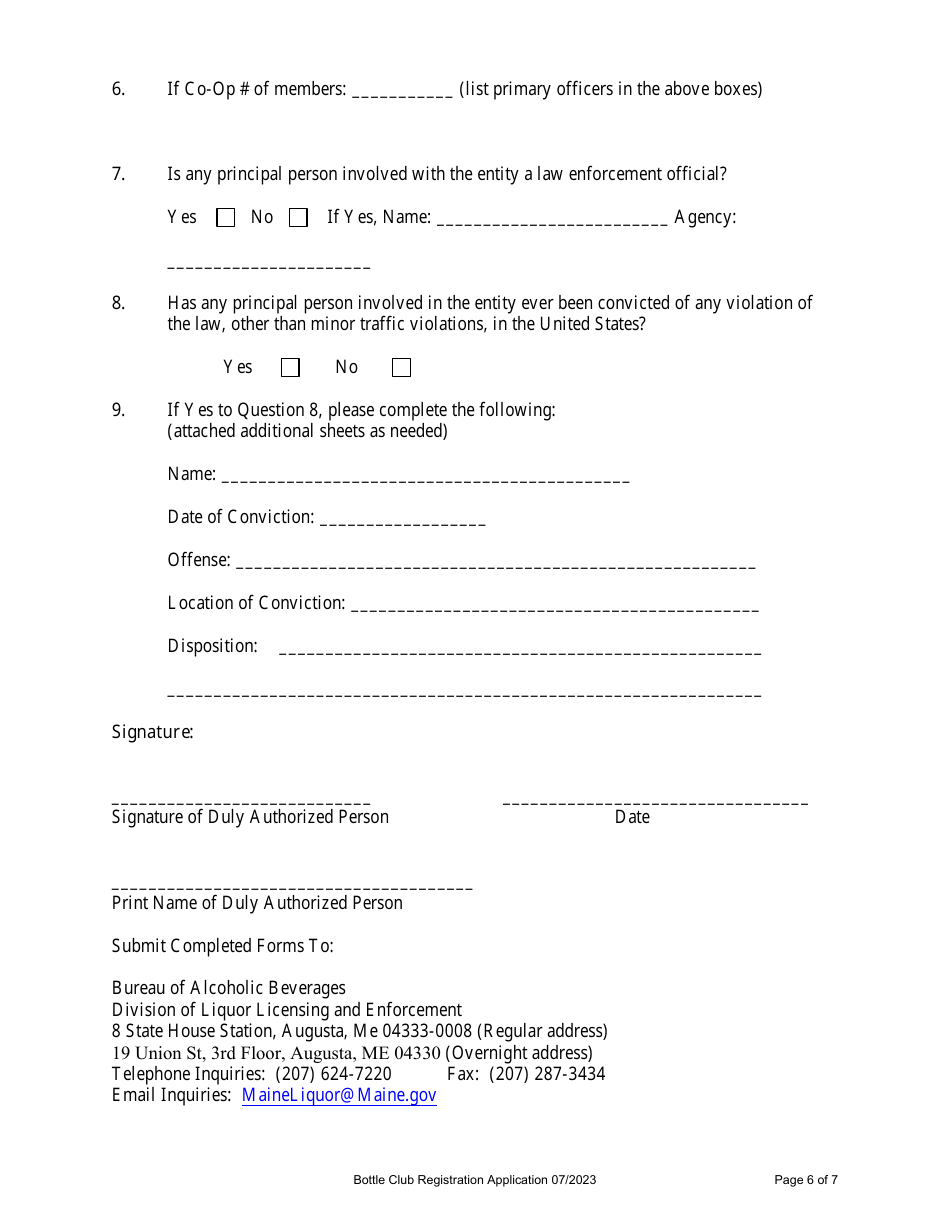 Bottle Club Registration Application - Maine, Page 6