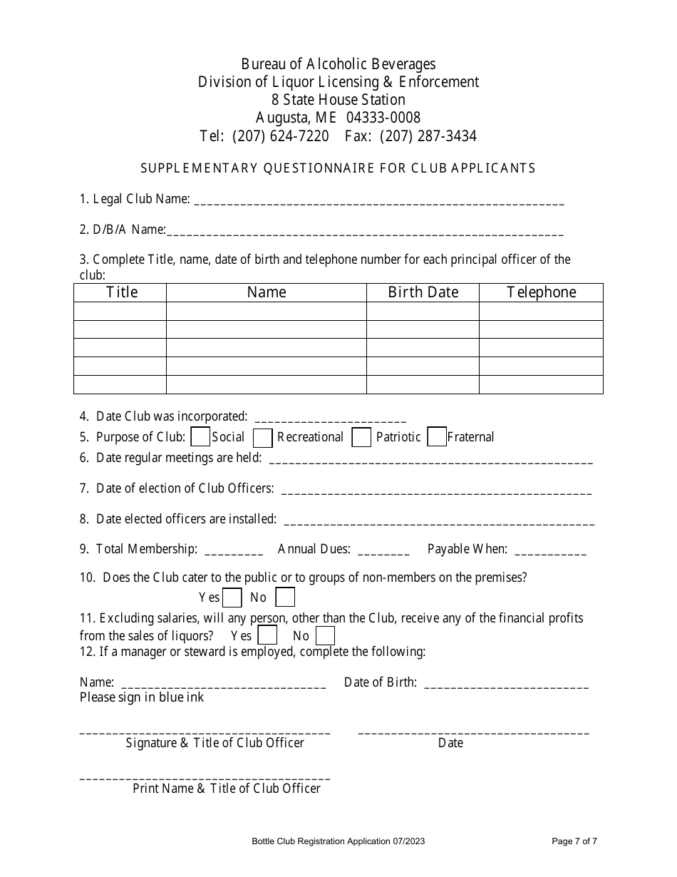 Bottle Club Registration Application - Maine, Page 7