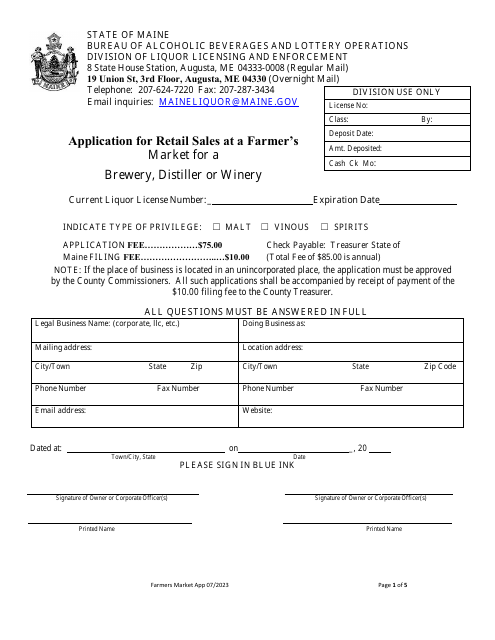 Application for Retail Sales at a Farmer's Market for a Brewery, Distiller or Winery - Maine Download Pdf