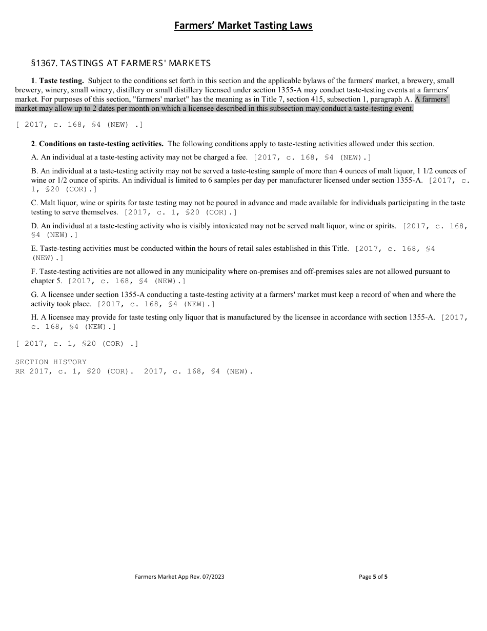 Application for Retail Sales at a Farmers Market for a Brewery, Distiller or Winery - Maine, Page 5
