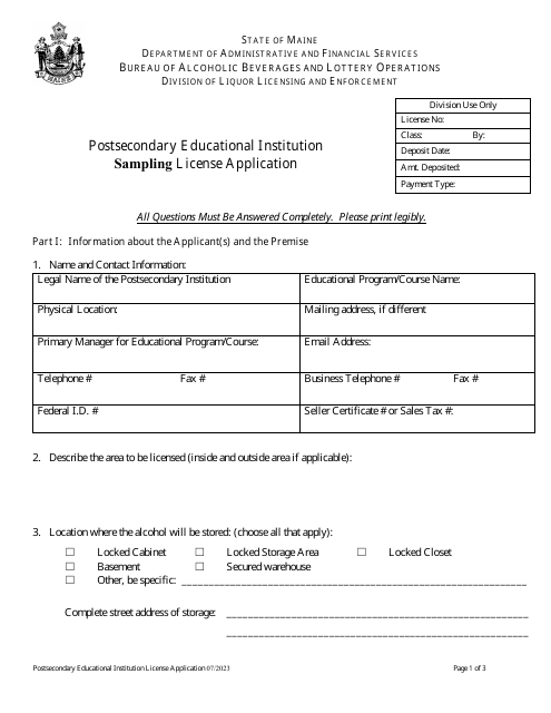 Postsecondary Educational Institution Sampling License Application - Maine Download Pdf