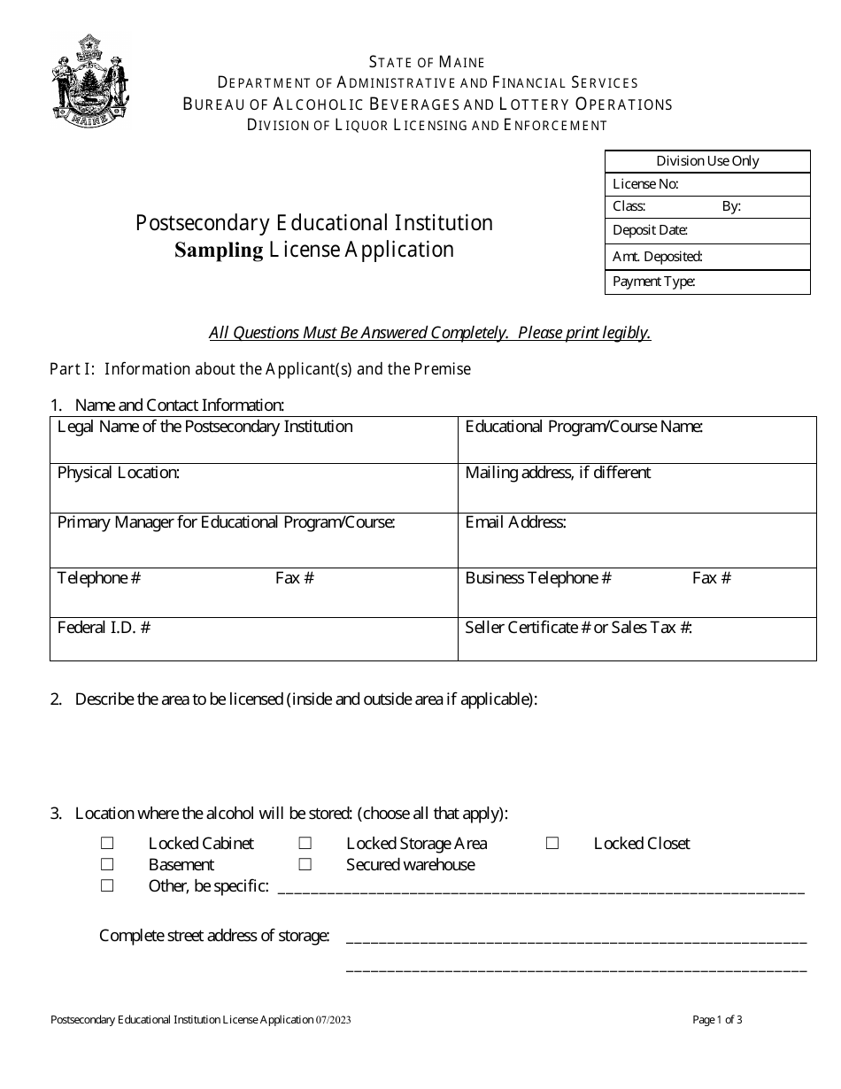 Maine Postsecondary Educational Institution Sampling License   Postsecondary Educational Institution Sampling License Application Maine Print Big 