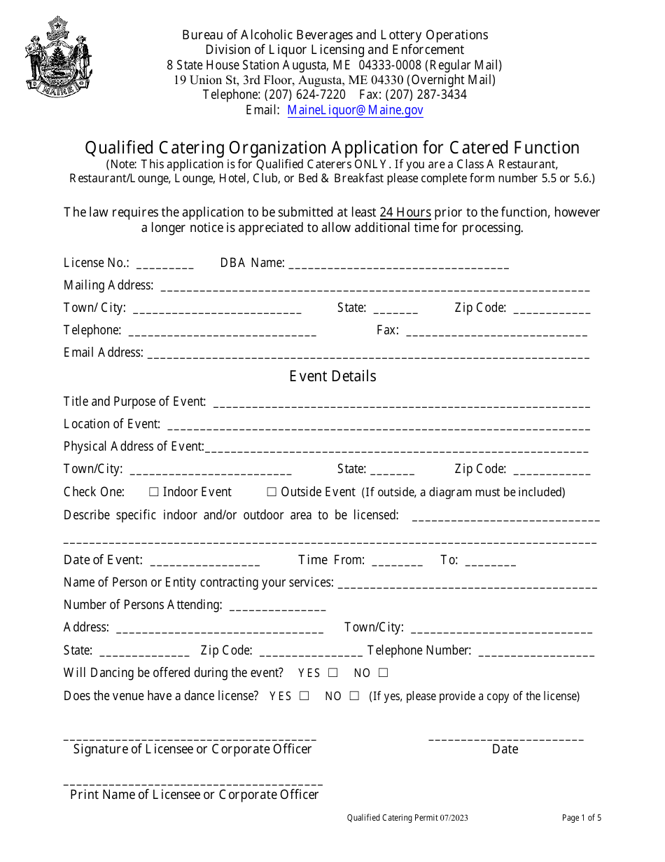 Qualified Catering Organization Application for Catered Function - Maine, Page 1
