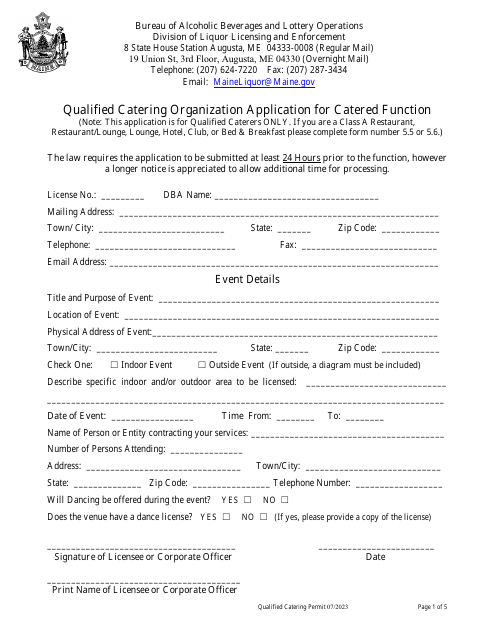 Qualified Catering Organization Application for Catered Function - Maine Download Pdf