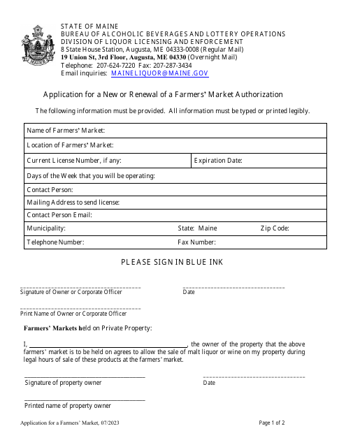 Application for a New or Renewal of a Farmers' Market Authorization - Maine Download Pdf