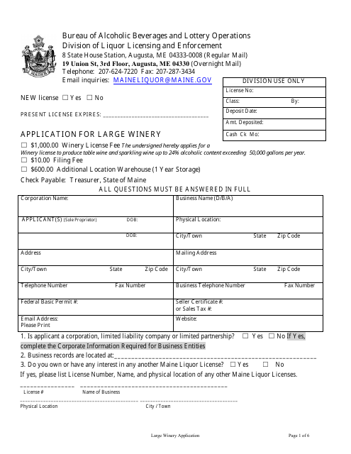 Application for Large Winery - Maine Download Pdf