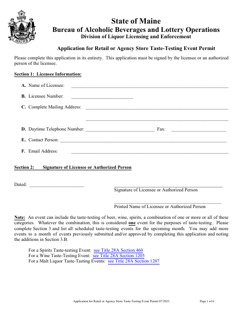 Application for Retail or Agency Store Taste-Testing Event Permit - Maine Download Pdf