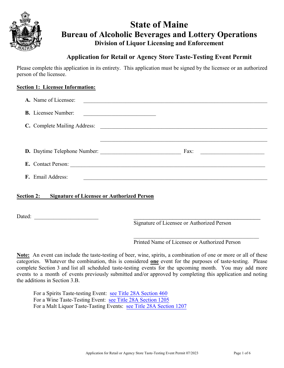 Application for Retail or Agency Store Taste-Testing Event Permit - Maine, Page 1