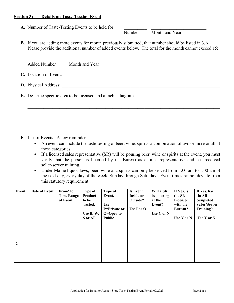 Application for Retail or Agency Store Taste-Testing Event Permit - Maine, Page 2