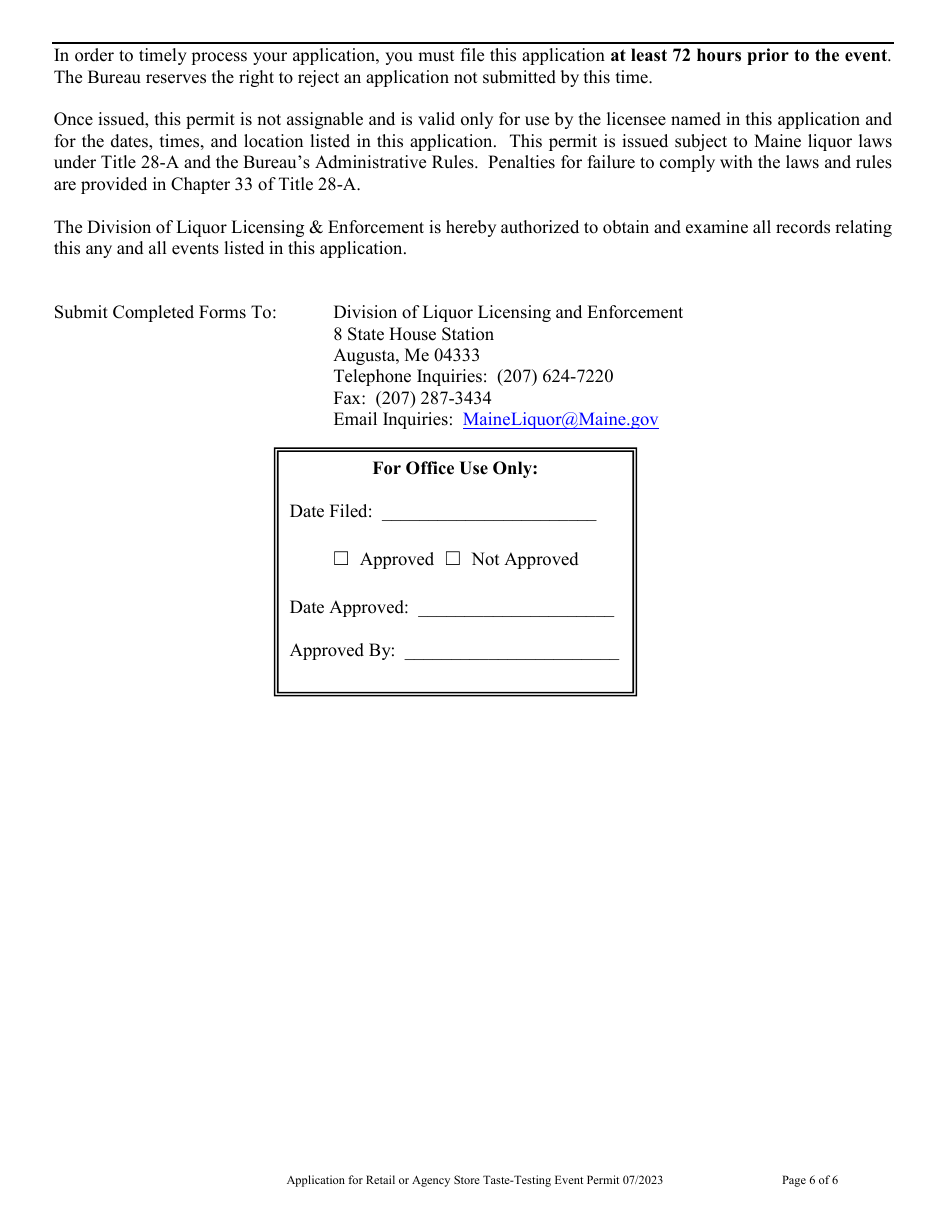 Application for Retail or Agency Store Taste-Testing Event Permit - Maine, Page 6
