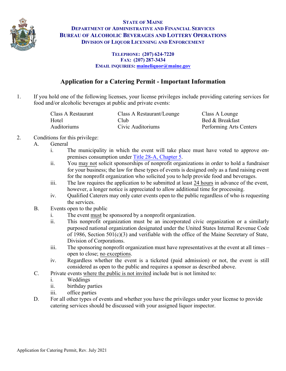 Application for a Catering Permit - Maine, Page 1