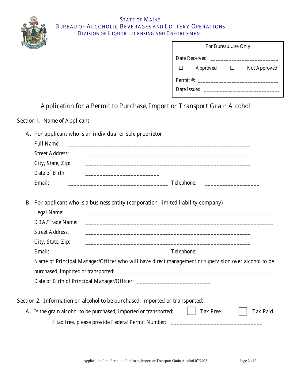 Application for a Permit to Purchase, Import or Transport Grain Alcohol - Maine, Page 2