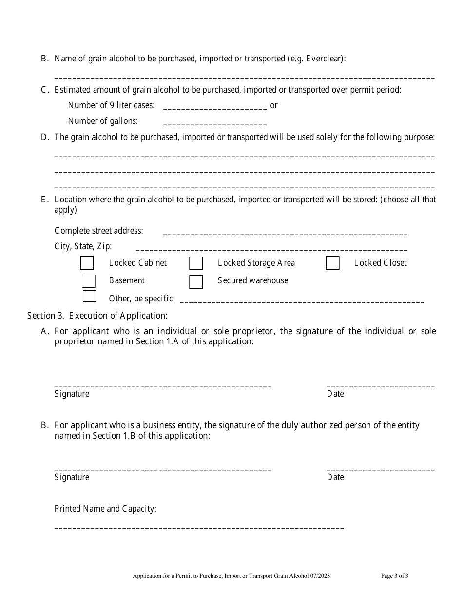Application for a Permit to Purchase, Import or Transport Grain Alcohol - Maine, Page 3