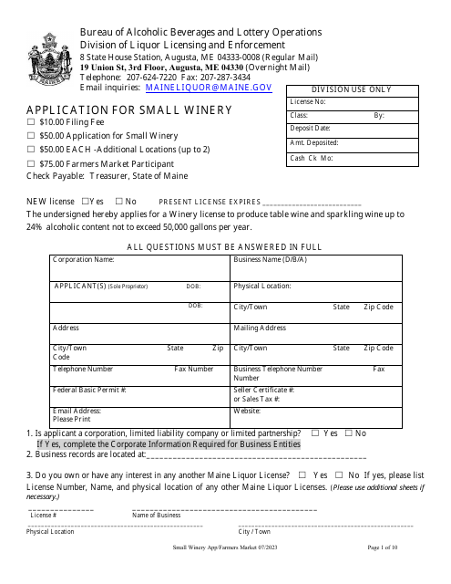 Application for Small Winery - Maine Download Pdf