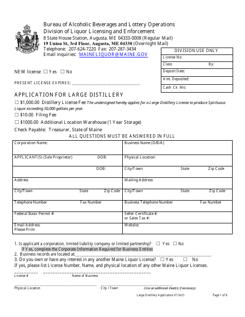Application for Large Distillery - Maine Download Pdf