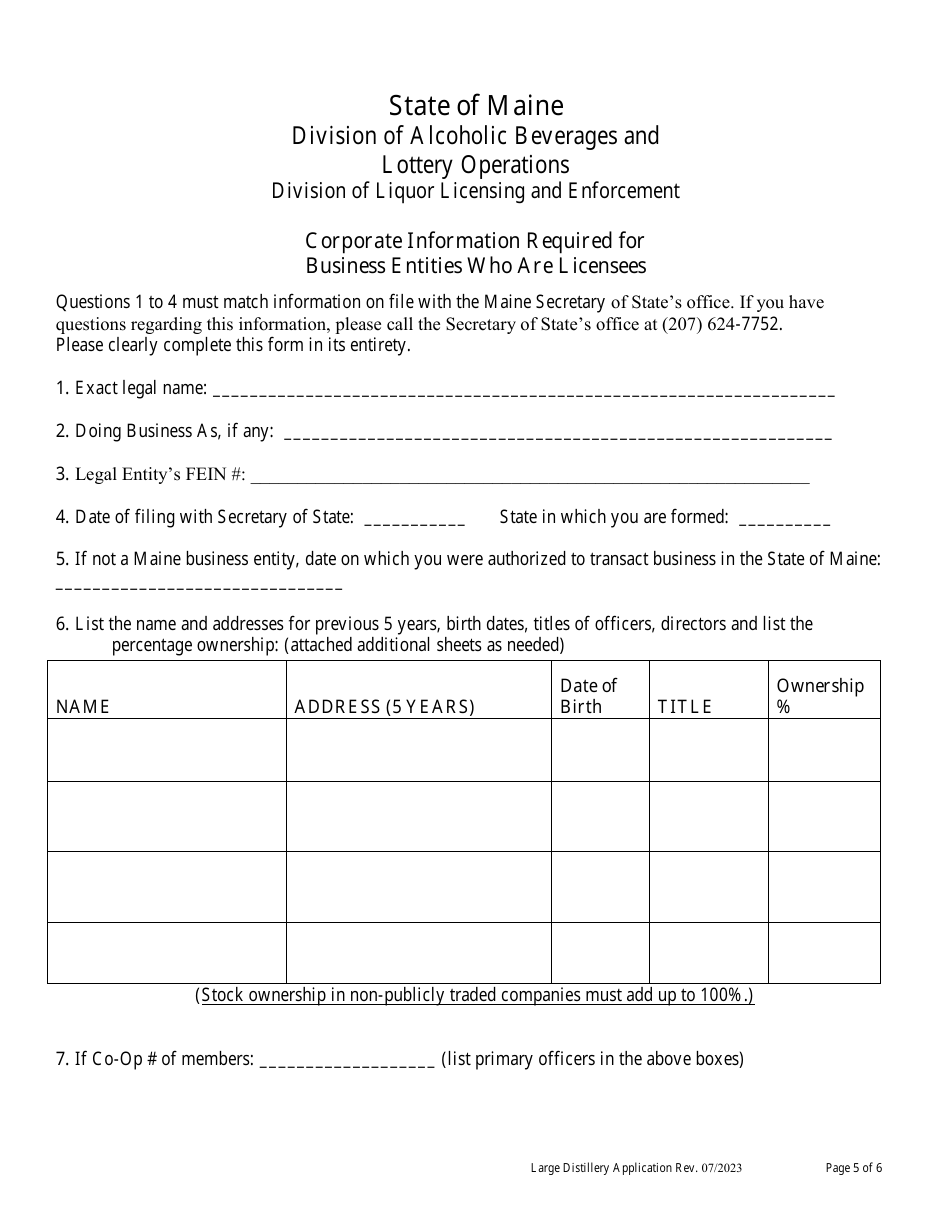 Application for Large Distillery - Maine, Page 5